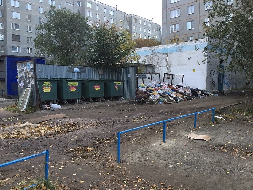 Этот снимок сделан в четверг, 11 октября, во дворе дома №105 по ул. Братьев Кашириных. Чистые баки и свалка на земле.