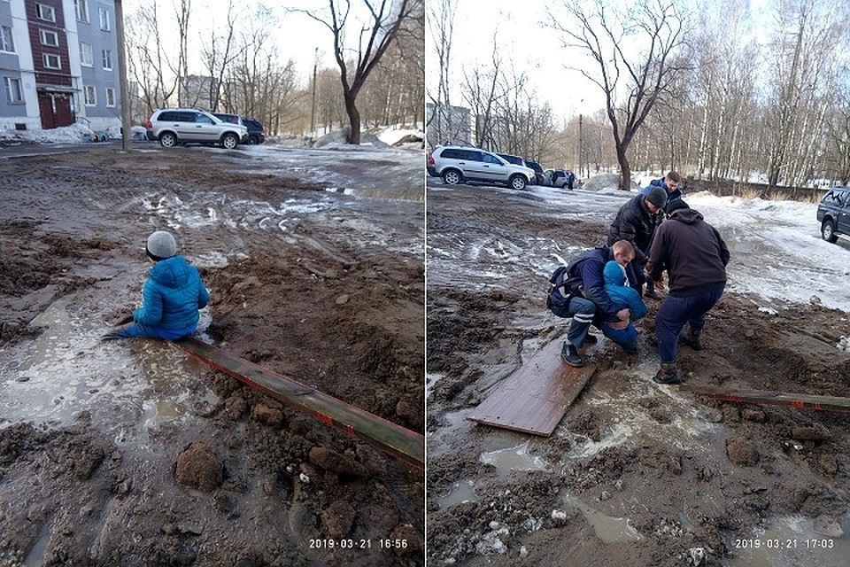 В Выборге школьник провалился ногами в грязевую ловушку. Фото: vk.com/vyborg_news