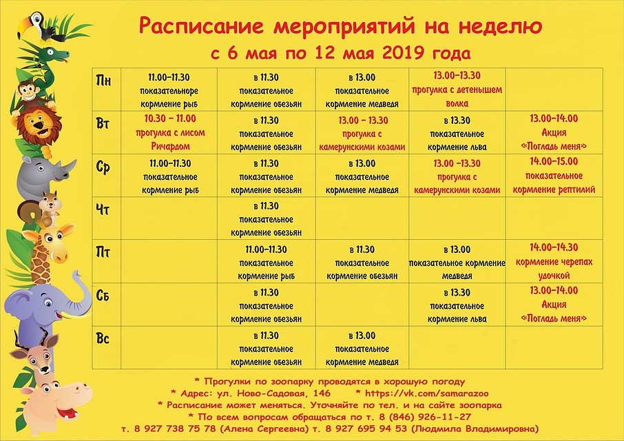 Расписание мероприятий зоопарка
