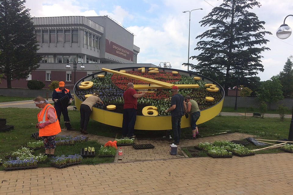 Клумба с часами расцвела на Набережной в Брянске.