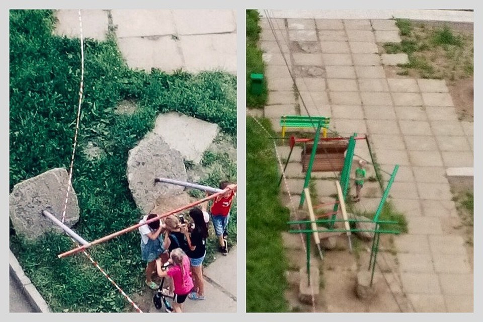 Рухнет в любой момент! В красноярском дворе дети два года качаются на выкорчеванных из земли турниках. Фото: Совет отцов Красноярского края.