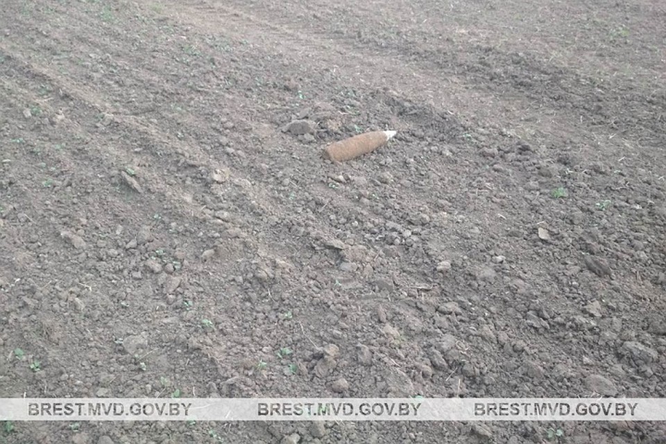 Рабочие мусороперерабатывающего завода нашли на поле снаряд. Фото: УВД Брестского облисполкома.