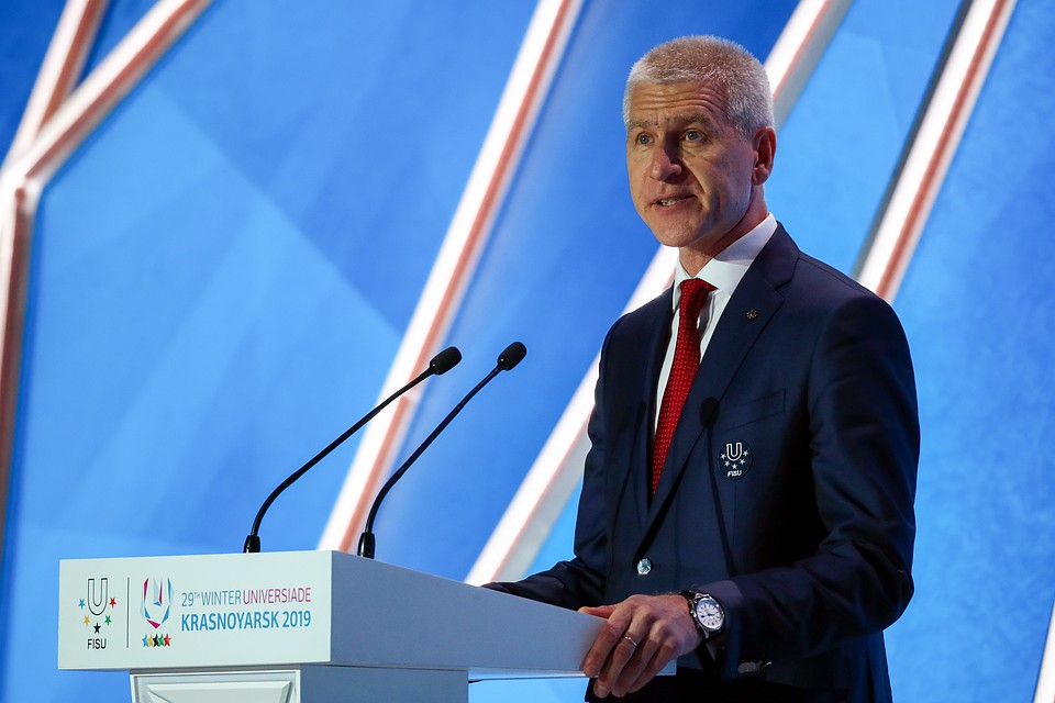 Президент FISU Олег Матыцин во время выступления на церемонии открытия XXIX Всемирной зимней универсиады в ледовом дворце "Платинум-Арена Красноярск". Фото Михаил Терещенко/ТАСС