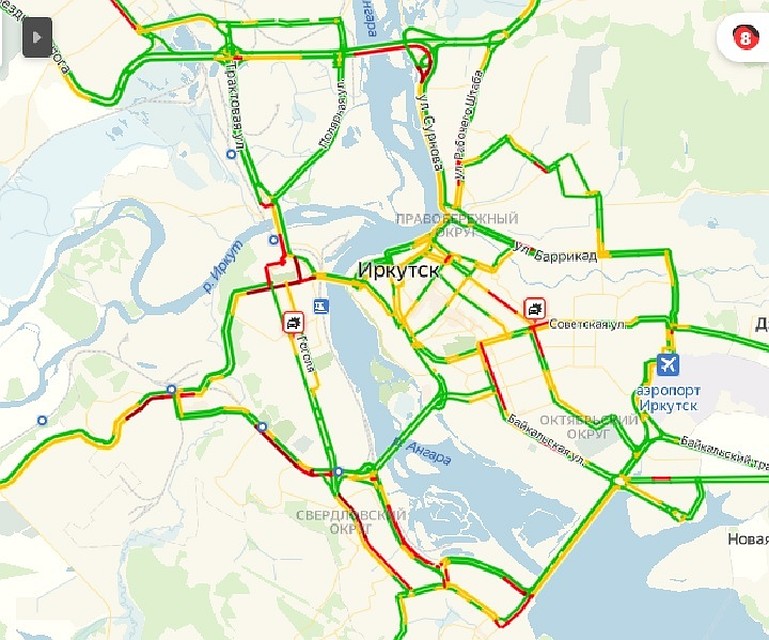 Пробки в Иркутске утром 18 ноября 8 баллов: на дорогах города 3 ДТП.Фото: Яндекс.Пробки