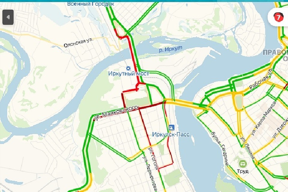 Пробки в Иркутске утром 28 ноября 7 баллов: затор у Глазковского моста. Фото: Яндекс.Пробки