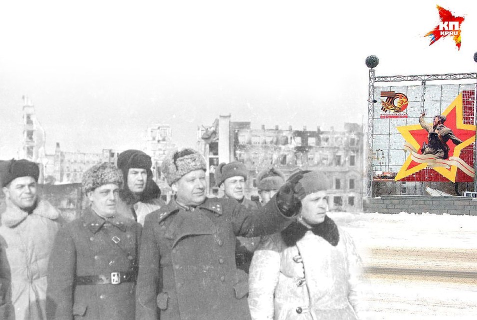 Командующий 64-й армией генерал-лейтенант Шумилов и член Военного Совета генерал-майор Абрамов с бойцами в освобожденном Сталинграде. 1943 год. Коллаж Марии СЕРГЕЕВОЙ