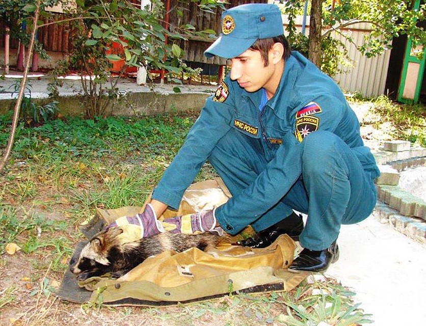 Начальник караула пожарной части № 39 поселка Чернянка Данил Борзилов с пострадавшим. фото: ГУ МЧС России по Белгородской области.