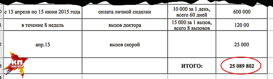 Семья Фриске представила отчет на сумму более 25 млн. рублей. Некоторые расходы вызывают вопросы: например, вызов «Скорой» за 25 тысяч рублей, оплата сиделки по 10 тысяч в день. Но адвокаты семьи говорят, что на все указанные в списке траты есть чеки.