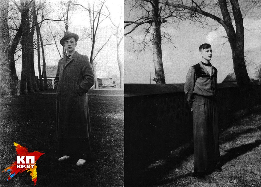 Фото юного Чесика в стильном длиннополом пальто и в повседневной одежде у костела святых Петра и Павла. Фото: Клуб-музей Чеслава Немена