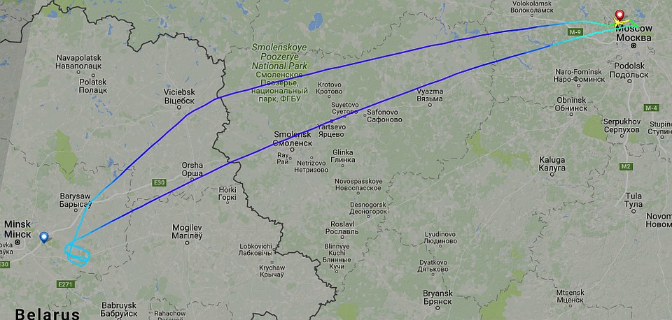 Борт из Москвы долетел до Минска, развернулся и вернулся в Москву. Фото: flightradar24.com.