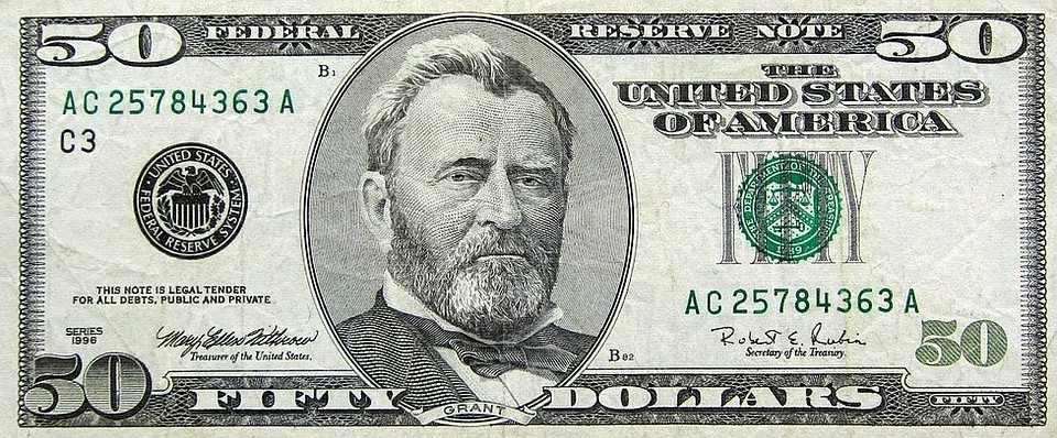 Купюра в 50 долларов США с портретом президента Гранта.
