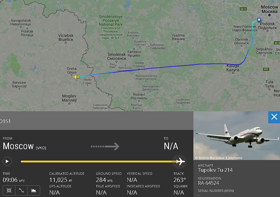 По данным сервиса Flightradar24, борт вылетел из аэропорта «Внуково» через 36 минут после «борта №1». Фото: Flightradar24.com.