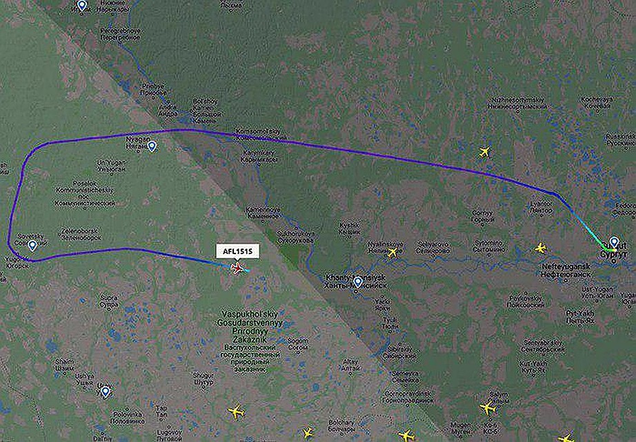 Скриншот маршрута с сайта FlightRadar24: самолет развернули в воздухе.