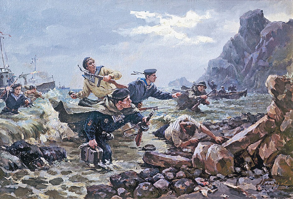 Картина художника Плотнова «Десант на Курильских островах», написанная в 1948 году. На самом деле с боями и потерями (около 400 бойцов) Красная Армия брала Северные Курилы. А японский гарнизон Южных Курил осенью 1945-го сдался без боя. Фото: mil.ru