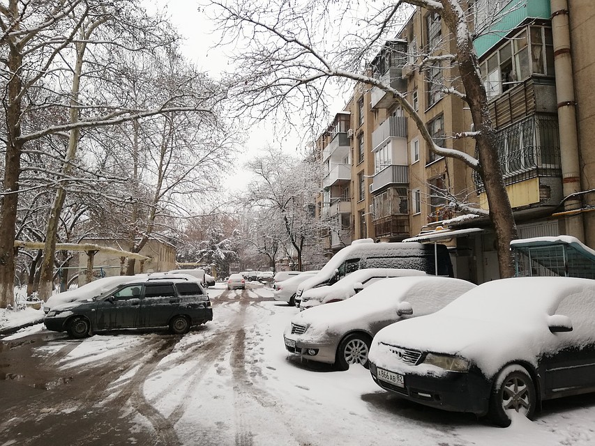 Машины превратись в белые сугробы. Фото: Анастасия КУРДЮКОВА