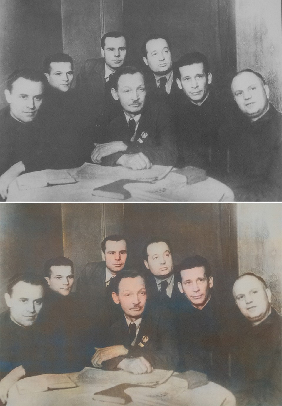 Купала в январе 1942-го на митинге представителей белорусского народа (над ним справа можно узнать Кузьму Чорного). Этот снимок – одно из последних фото Купалы. Фото: каталог фотографий Янки Купалы «Ты гэтых вачэй не забудзь…»