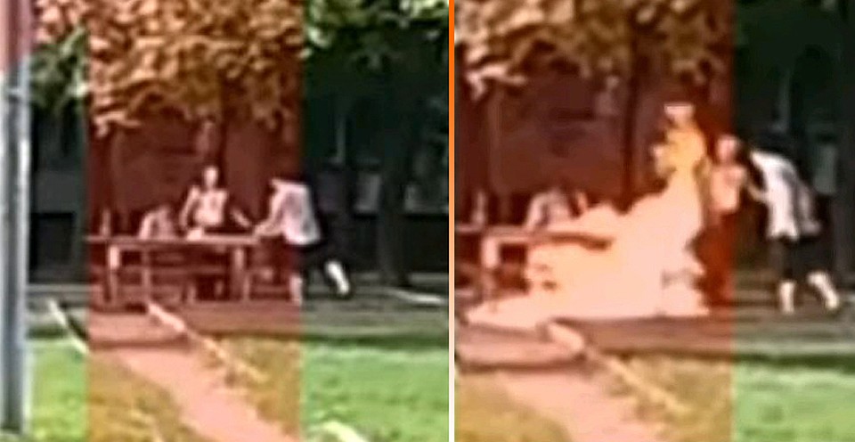 На записи видно, как стол с отдыхающим за ним мужчиной сначала облили чем-то горючим, затем подожгли. Фото: Вести.ру / Youtube