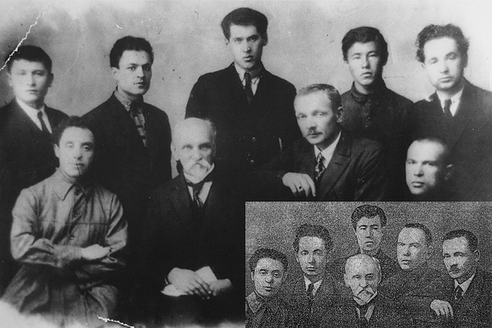 Из-за того, что Язэп Пуща, Адам Бабарека и Владимир Дубовка (стоят первыми слева) были сосланы по делу Союза освобождения Беларуси, цензоры вот так подправили снимок белорусских литераторов с латышским классиком Янисом Райнисом. Фото: Архив «КП»