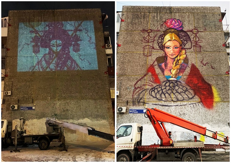 Так шла работа над рисунком. Фото: Граффити и художественная роспись | Челябинск/vk.com