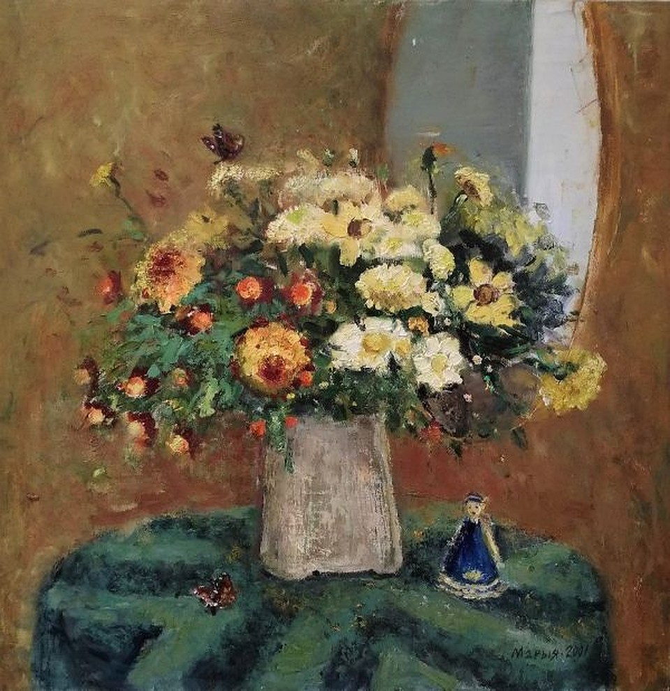 Исаёнок Мария Ивановна. Восеньскія кветкі. 70х70 см, холст, масло. 2001 г.