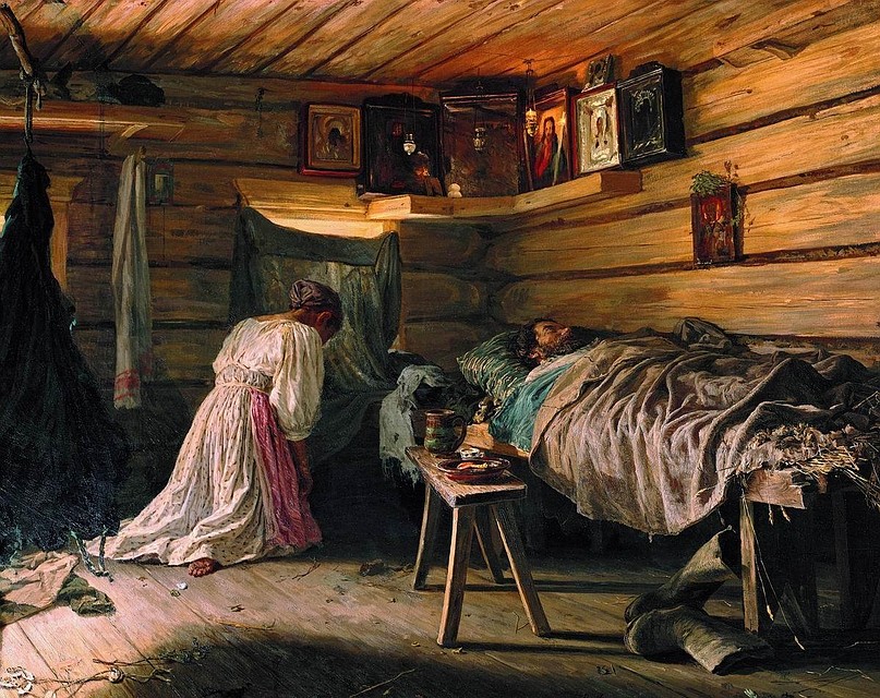 Средством озвучить свои страхи, например, из-за болезни кормильца, была молитва. Об этом картина «Больной муж» Василия Максимова.