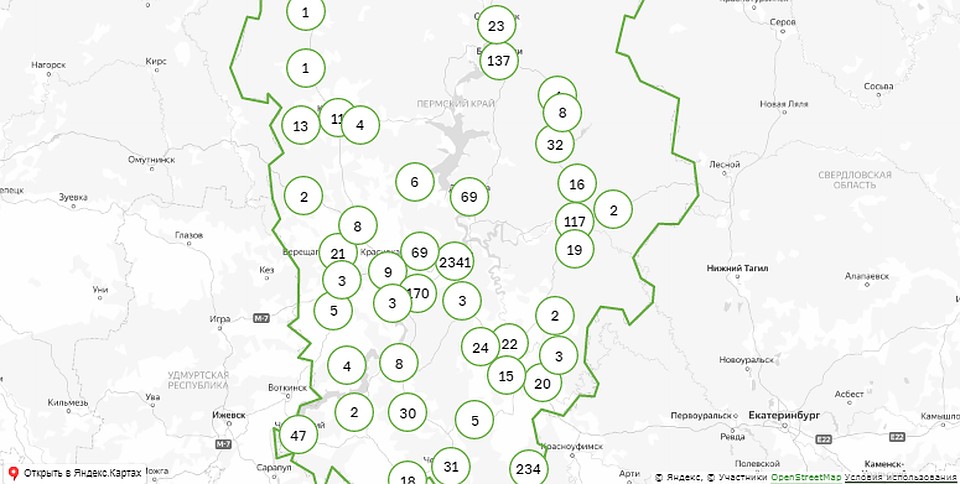 Карта распространения COVID-19 в Пермском крае. Инфографика: краевой оперштаб