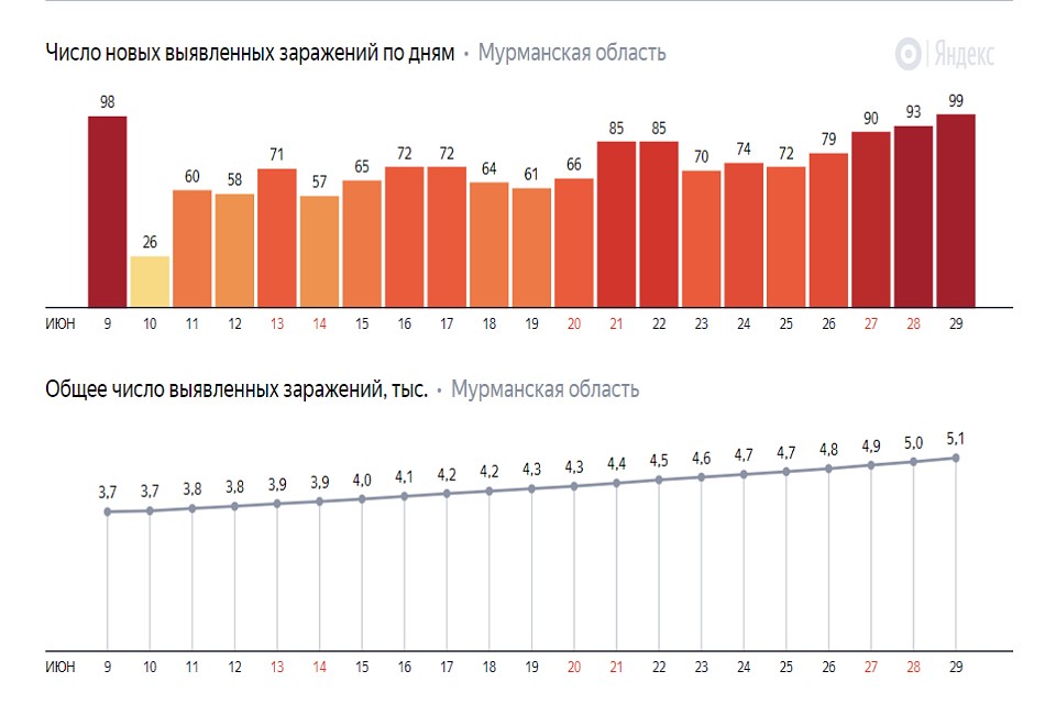 Статистика заболеваемости коронавирусом в Мурманской области. Фото: yandex.ru/covid19/stat
