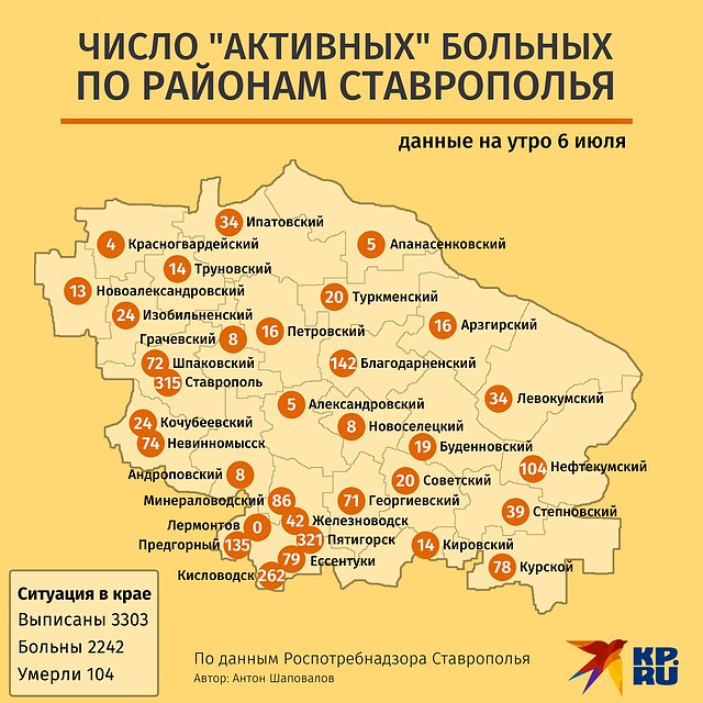Число "активных" пациентов в каждом районе Ставрополья. Данные на утро 6 июля. Источник информации: Роспотребнадзор Фото: Антон ШАПОВАЛОВ