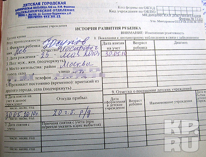 Больничная карта Левы Юсупова - доказательство того, что малыш был здоров