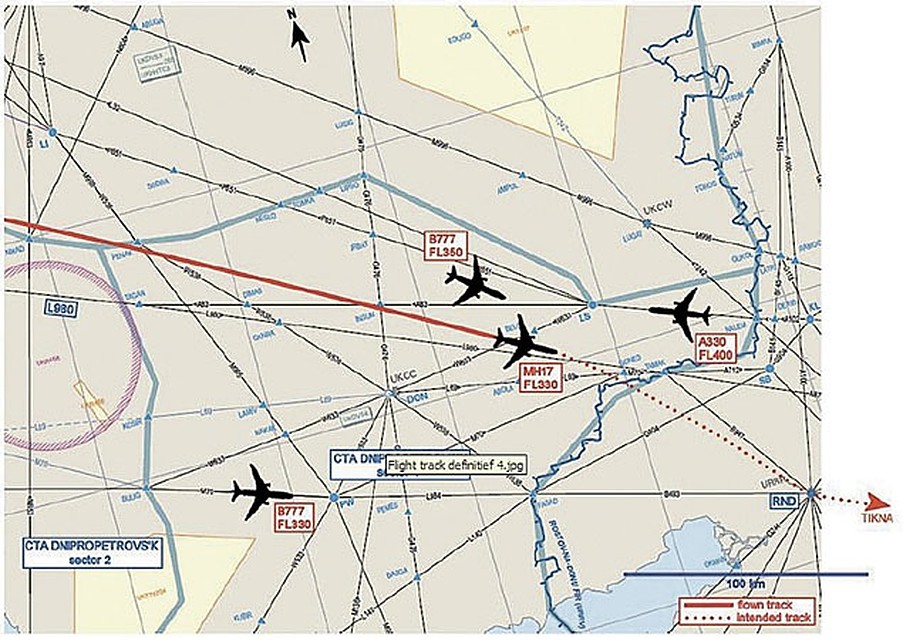 Карта прохождения авиамаршрутов в районе катастрофы борта МН17. 17.07.2014