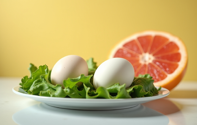 2 сваренных яйца, листовой салат или сельдерей, грейпфрут