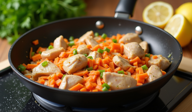 Курица с морковью и луком на сковороде