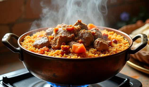 Плов из свинины в афганском казане на плите