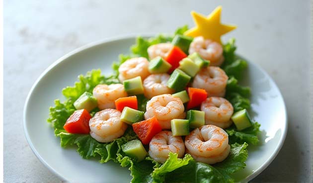 «Новогодняя елка» с креветками и авокадо