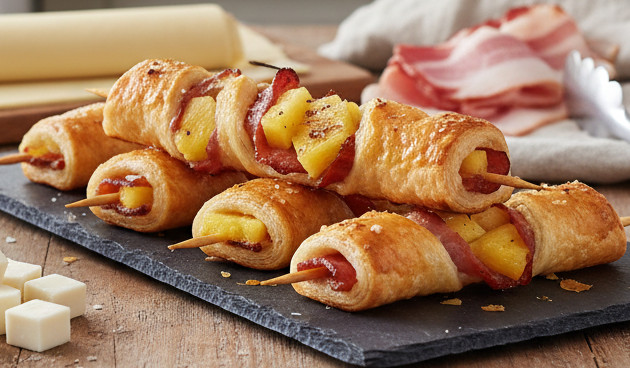 Шашлычки из слоеного теста, бекона, сыра и ананаса