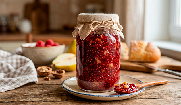 Малиновое варенье с грушами и грецкими орехами