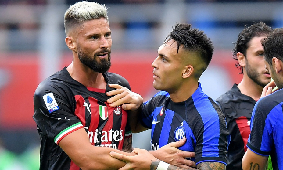 Оливье Жиру и Лаутаро Мартинес выясняют отношения в миланском дерби.
Фото: Reuters